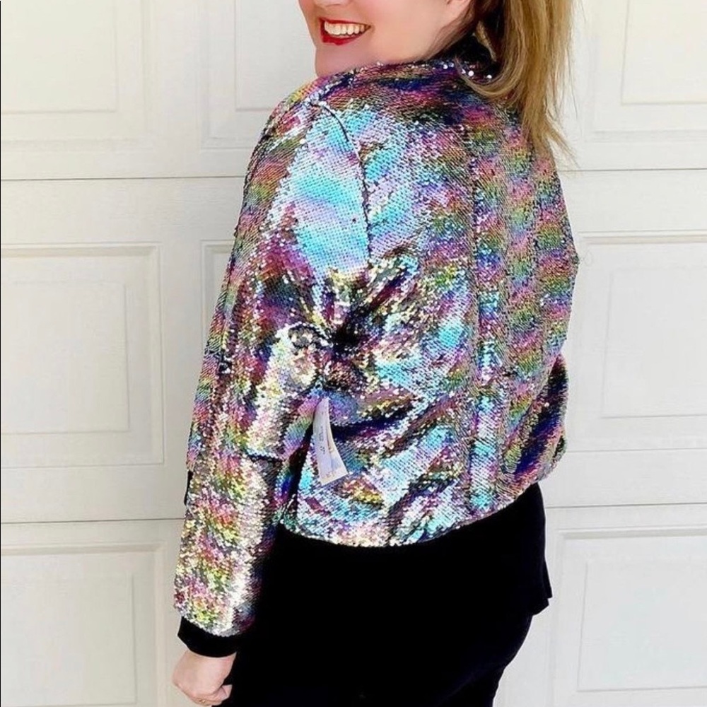 Pastel Rainbow Flip Sequin Bomber Jacket Coat - Picture 9 of 12
